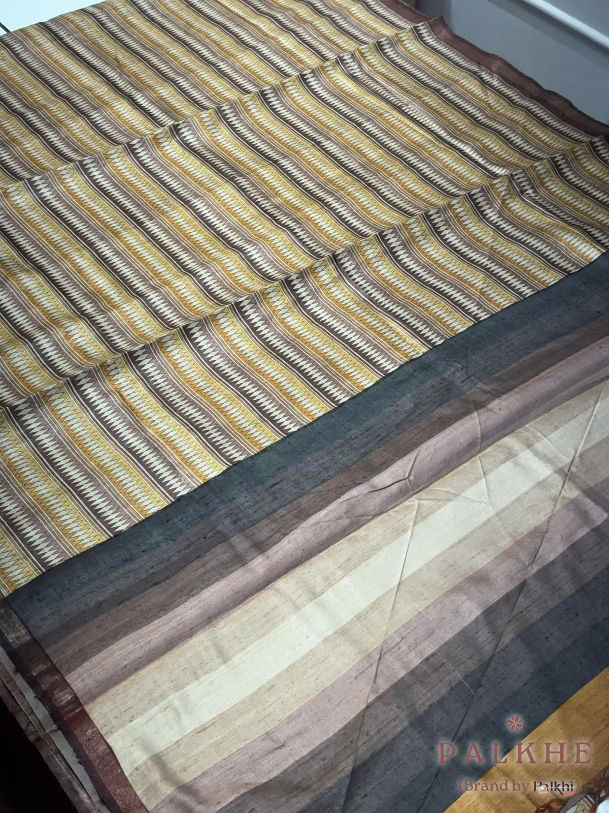 Mustard Yellow & Brown Tussar Striped in Silk (BT03)