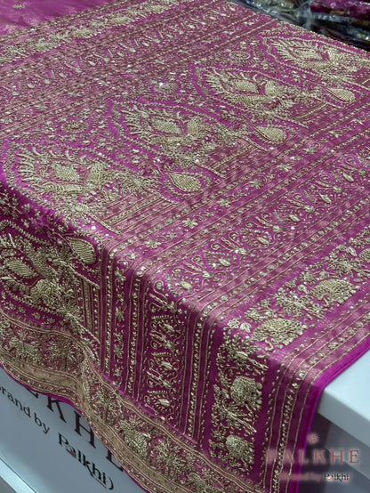 Rose Pink Traditional Motifs Kanjivaram x Hand Embroidery