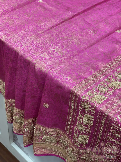 Rose Pink Traditional Motifs Kanjivaram x Hand Embroidery