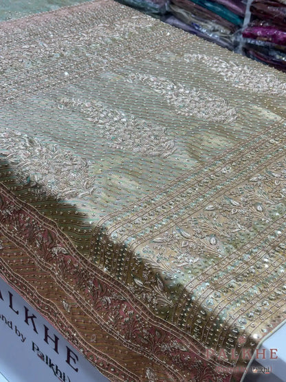 Sage Green & Baby Pink Floral Kanjivaram x Hand Embroidery