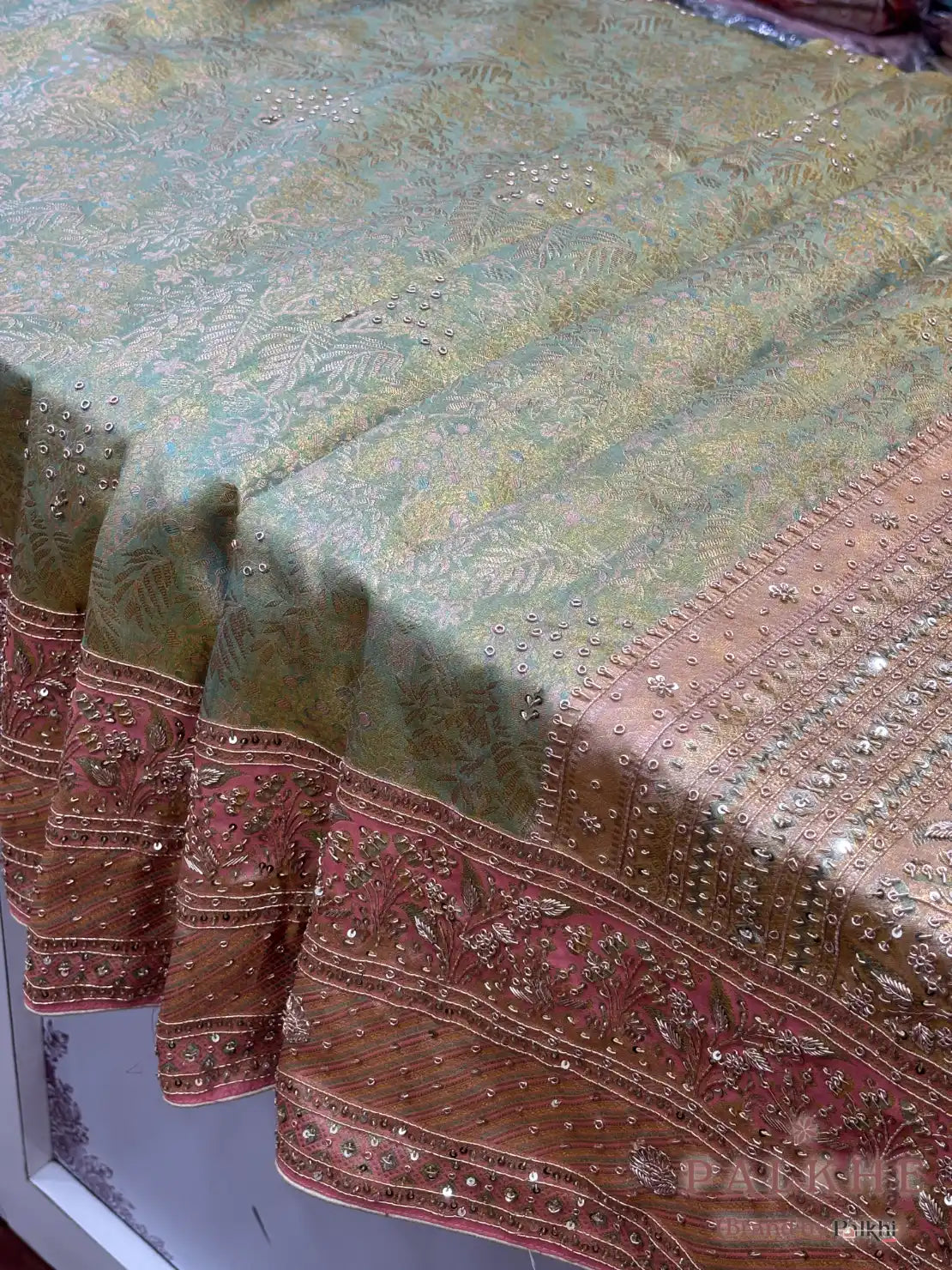 Sage Green & Baby Pink Floral Kanjivaram x Hand Embroidery