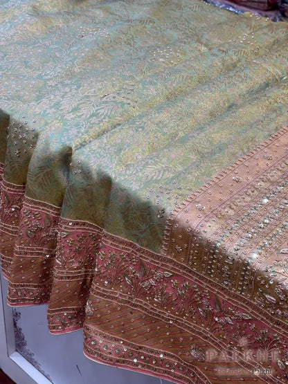 Sage Green & Baby Pink Floral Kanjivaram x Hand Embroidery