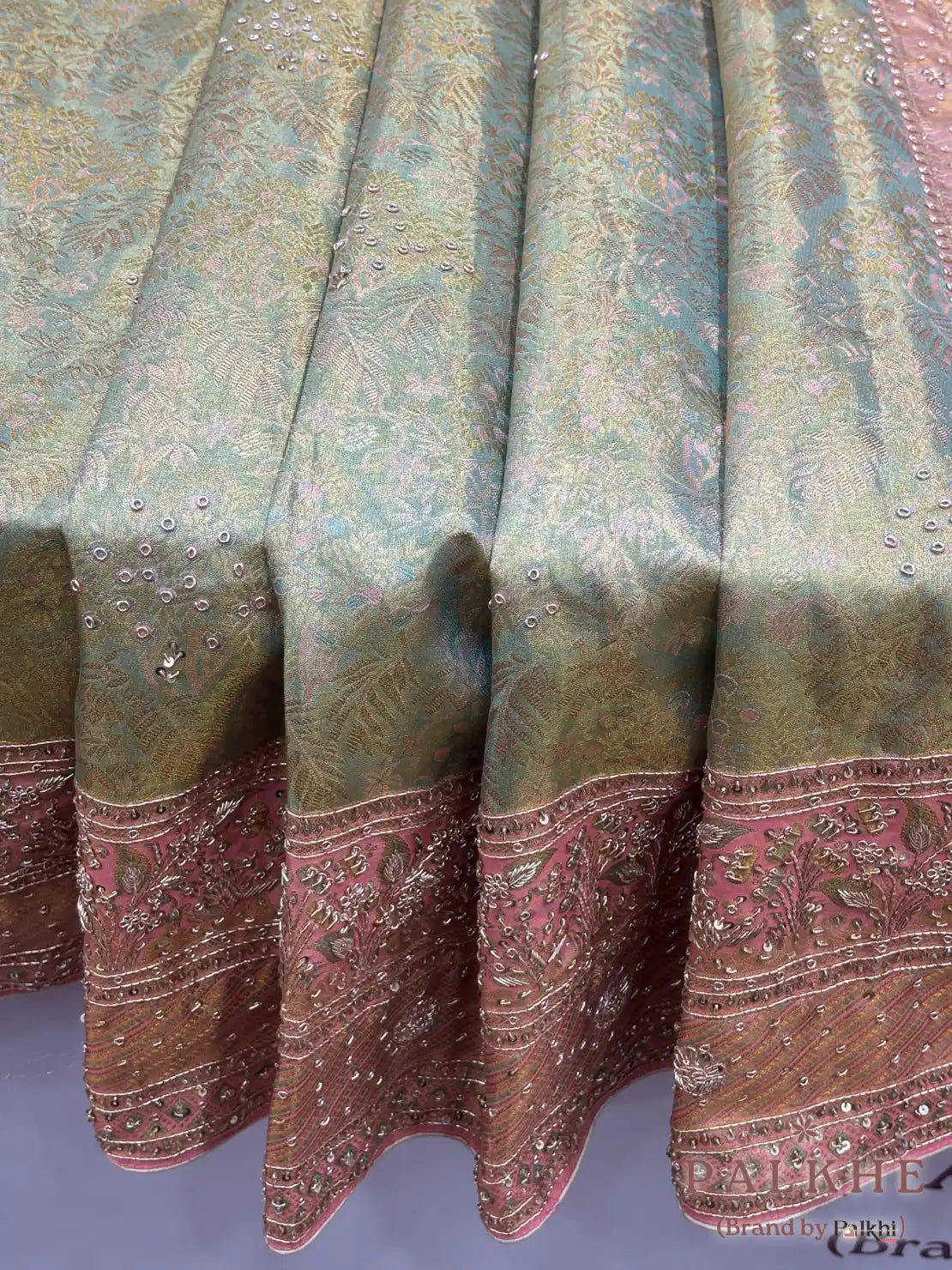 Sage Green & Baby Pink Floral Kanjivaram x Hand Embroidery