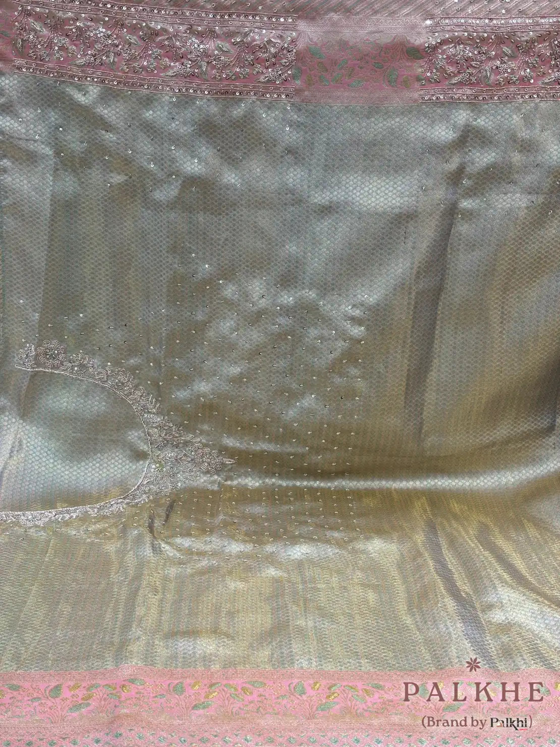 Sage Green & Baby Pink Floral Kanjivaram x Hand Embroidery