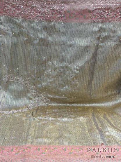 Sage Green & Baby Pink Floral Kanjivaram x Hand Embroidery