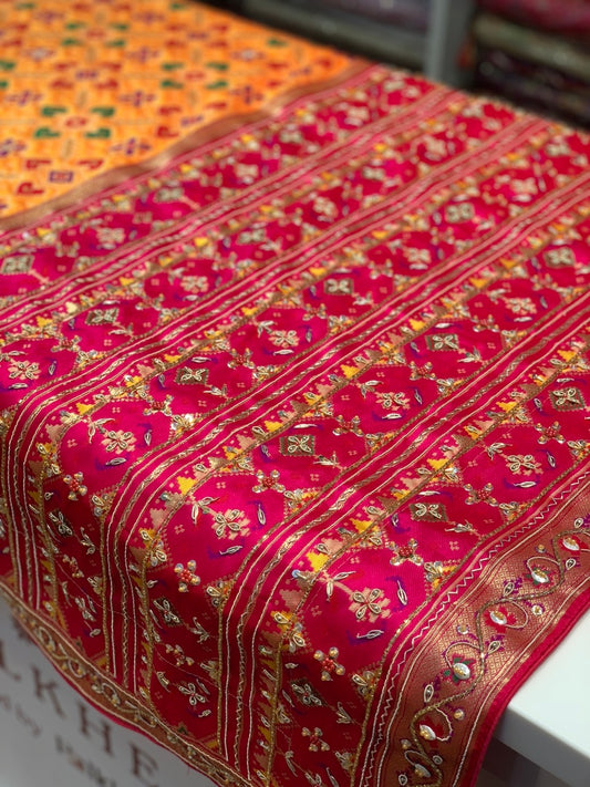 YELLOW PATOLA WITH RED BORDER X EMBROIDERY (BN67)