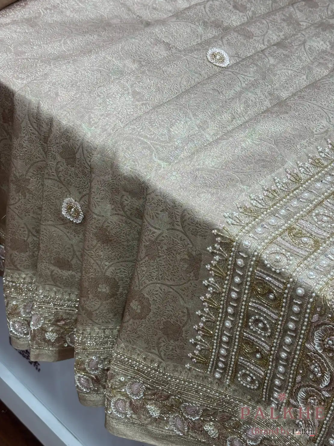 Beige Floral Jaal Kanjivaram x Hand Embroidery