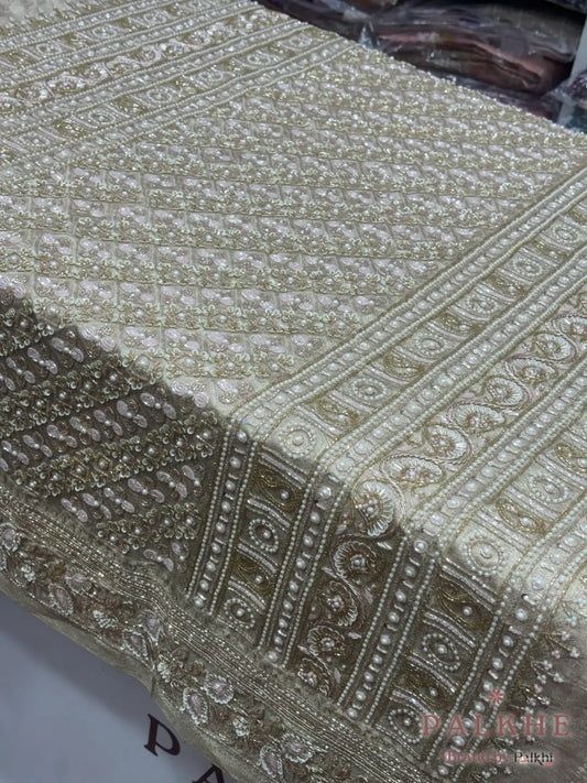 Beige Floral Jaal Kanjivaram x Hand Embroidery