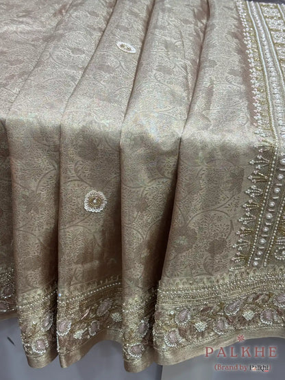 Beige Floral Jaal Kanjivaram x Hand Embroidery