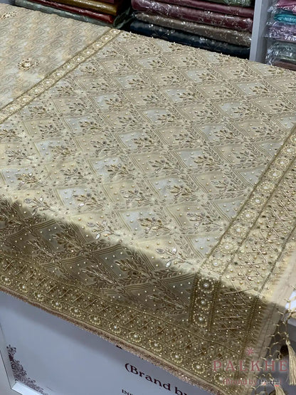 Beige Brocade Banarasi x Hand Embroidery