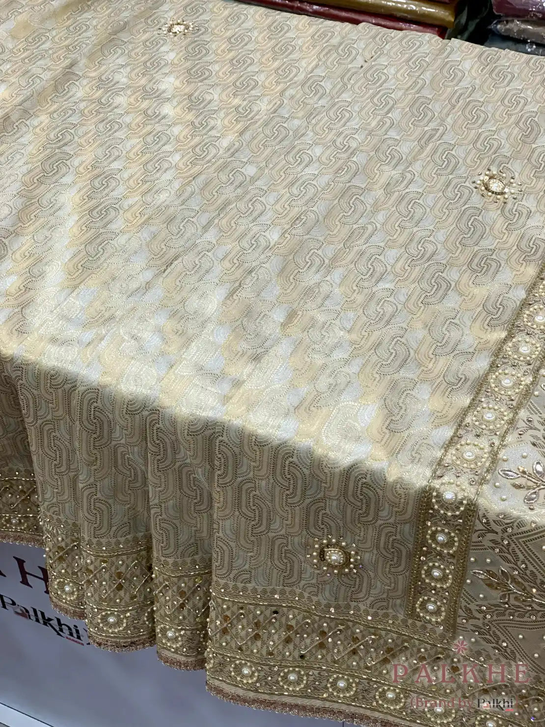 Beige Brocade Banarasi x Hand Embroidery