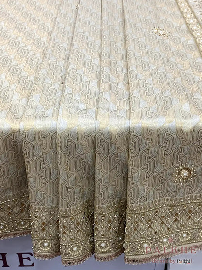 Beige Brocade Banarasi x Hand Embroidery