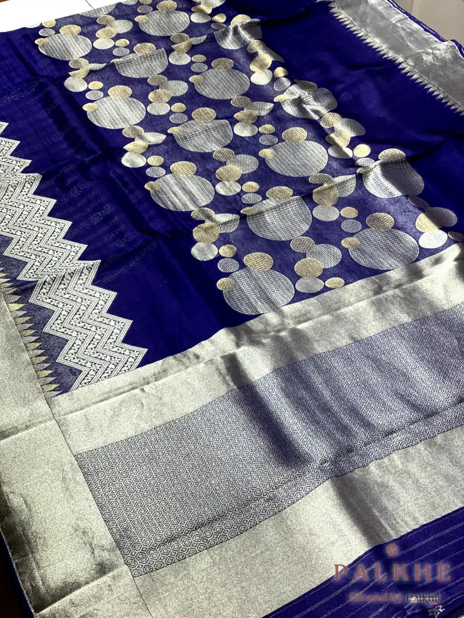 Navy Blue Banarasi Geometric Circle in Semi Mashru Silk (CS84)