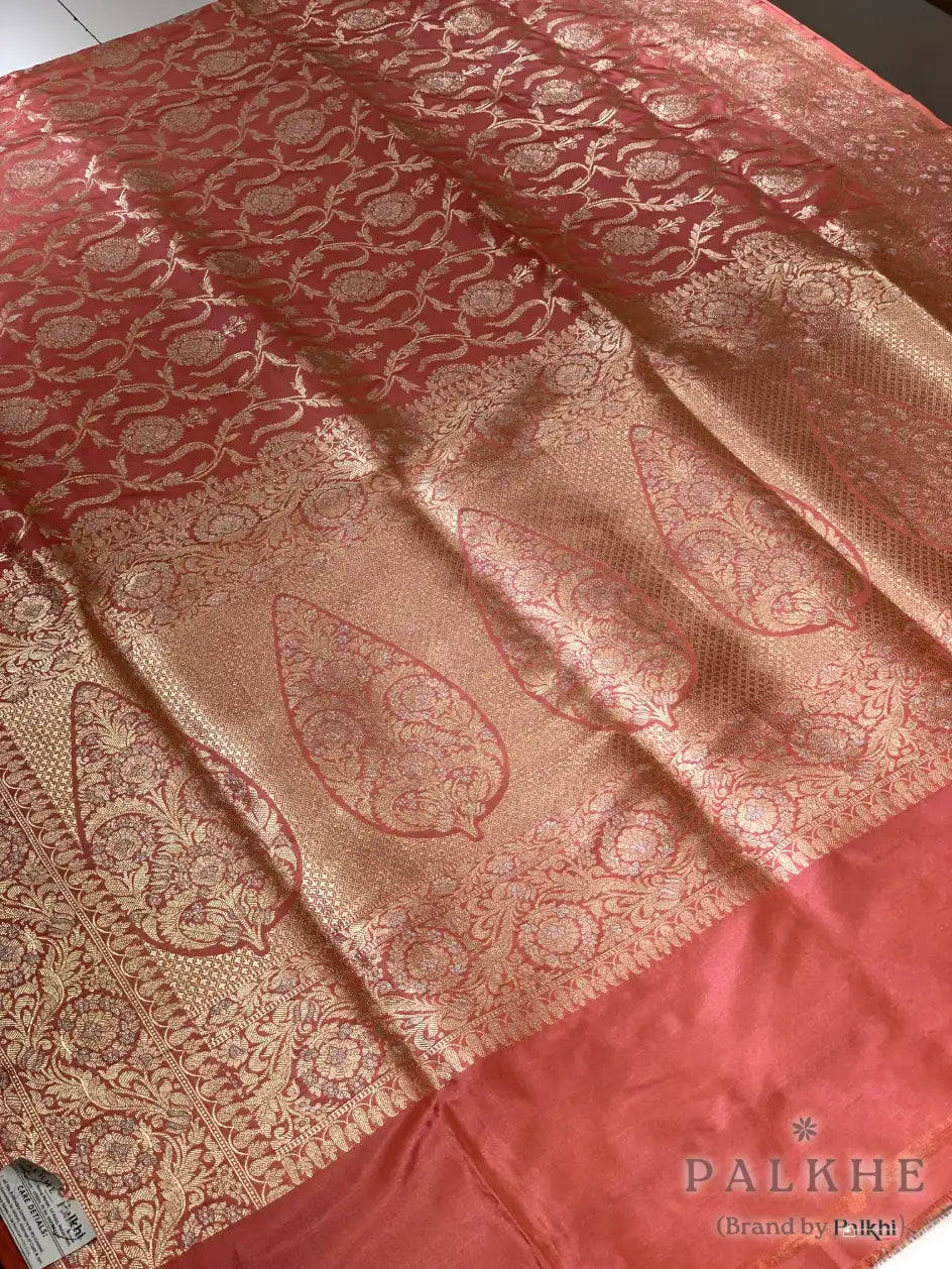 Peach Banarasi Floral Jaal in Pure Banarasi Katan Silk