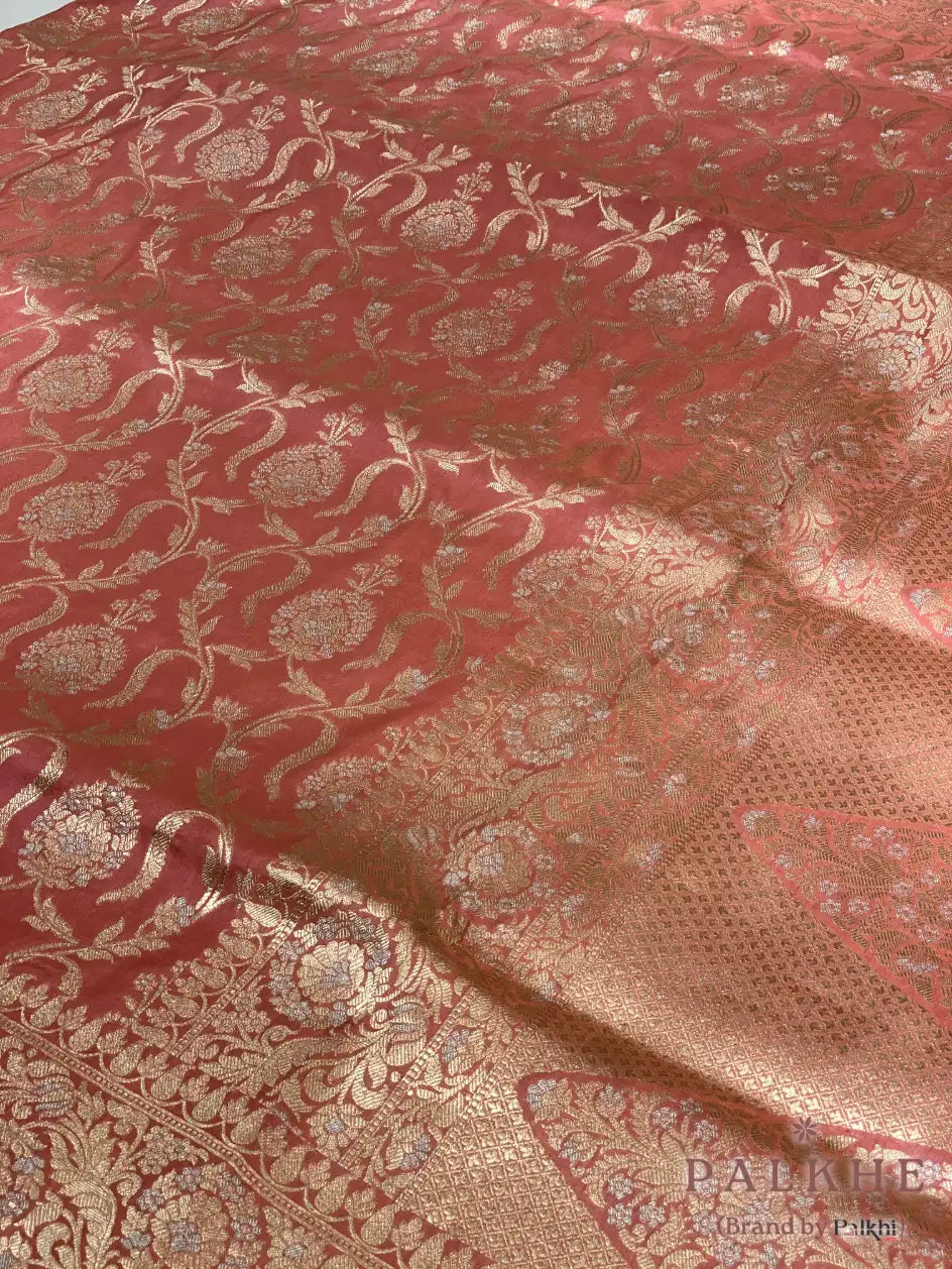 Peach Banarasi Floral Jaal in Pure Banarasi Katan Silk