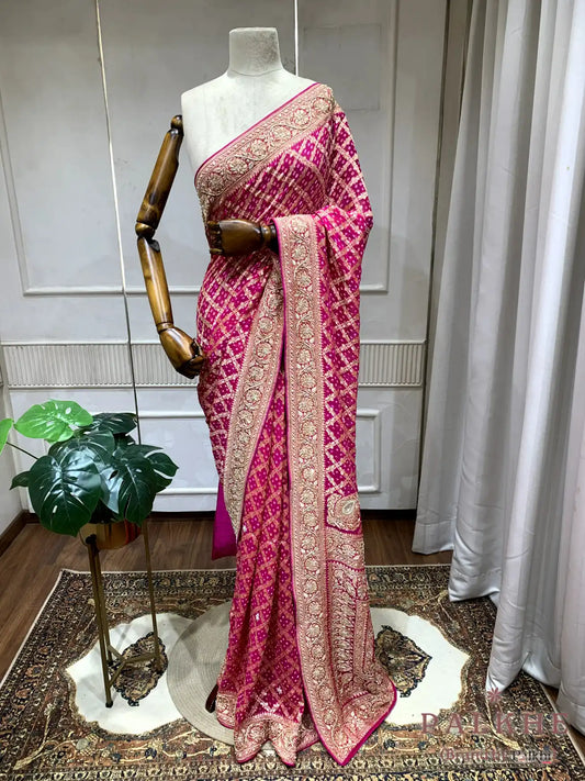 Rani Pink Pure Georgette Bandhej x Hand Embroidery
