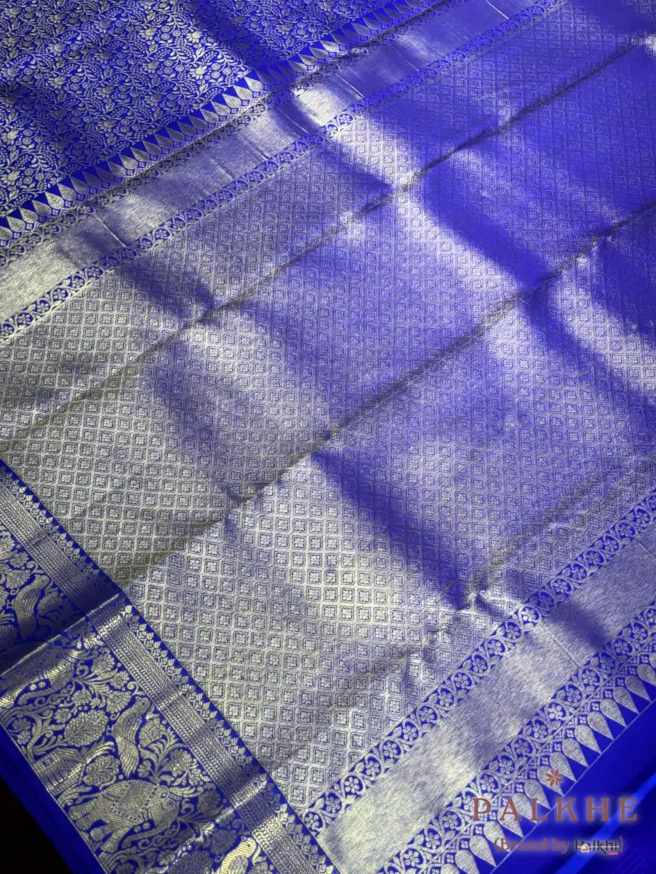 Royal Blue Kanjivaram Floral Jaal in Pure Silk (CR41)