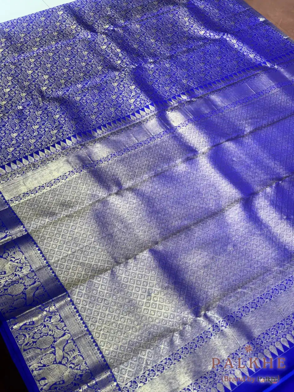 Royal Blue Kanjivaram Floral Jaal in Pure Silk (CR41)