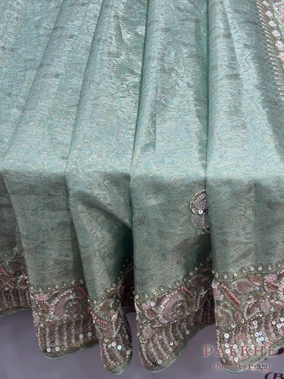 Ice Blue Bird & Floral Motif Kanjivaram x Hand Embroidery (BW31)