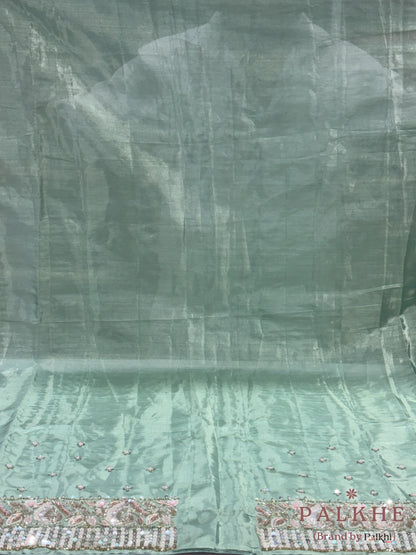 Ice Blue Bird & Floral Motif Kanjivaram x Hand Embroidery (BW31)