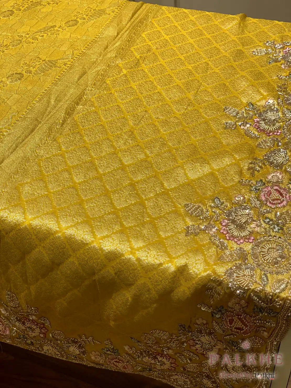 Yellow Floral Brocade Jaal Kanjivaram x Hand Embroidery (cu00)