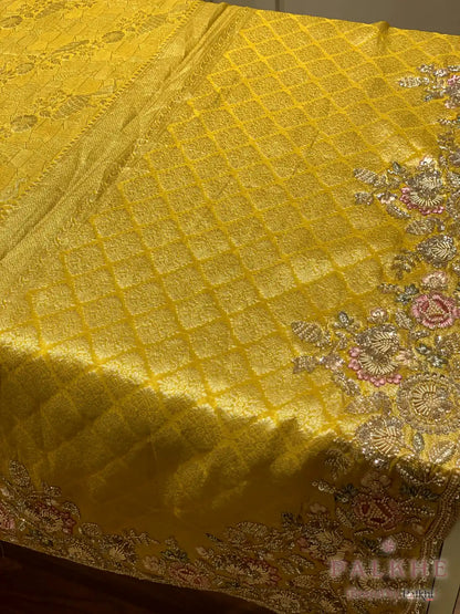 Yellow Floral Brocade Jaal Kanjivaram x Hand Embroidery (cu00)