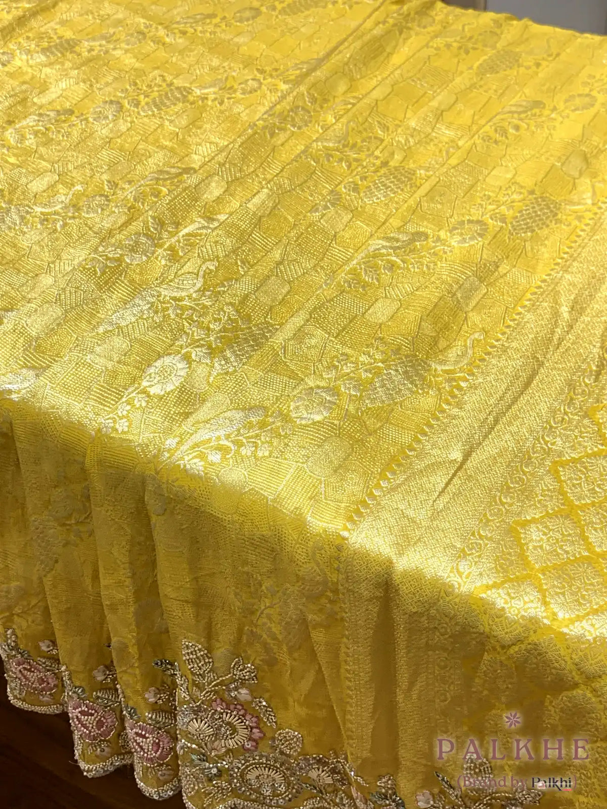 Yellow Floral Brocade Jaal Kanjivaram x Hand Embroidery (cu00)
