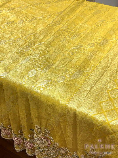Yellow Floral Brocade Jaal Kanjivaram x Hand Embroidery (cu00)