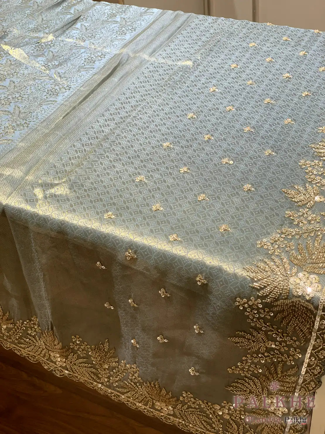Ice Blue Floral Kanjivaram x Hand Embroidery (CU74)