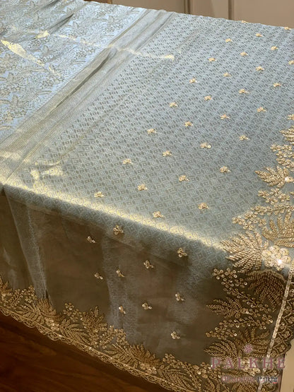 Ice Blue Floral Kanjivaram x Hand Embroidery (CU74)
