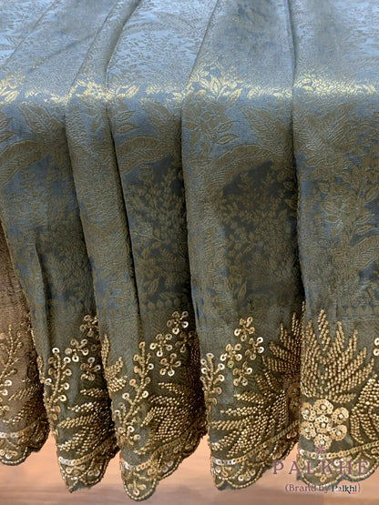 Ice Blue Floral Kanjivaram x Hand Embroidery (CU74)