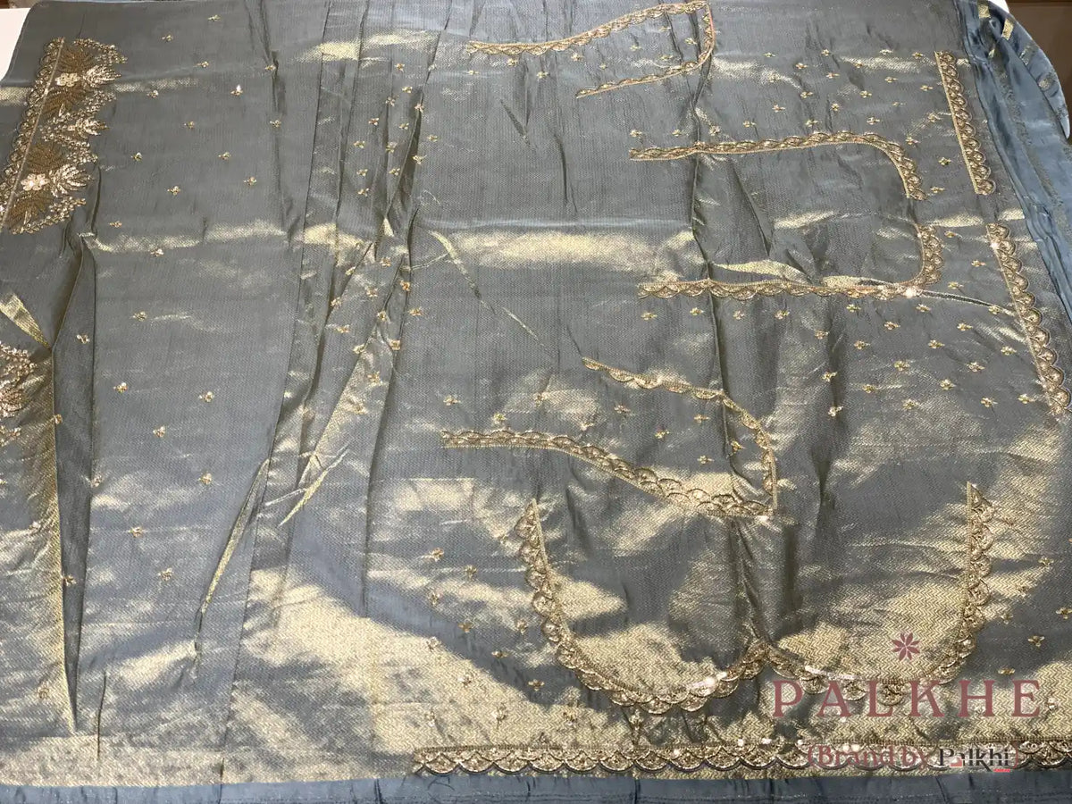 Ice Blue Floral Kanjivaram x Hand Embroidery (CU74)