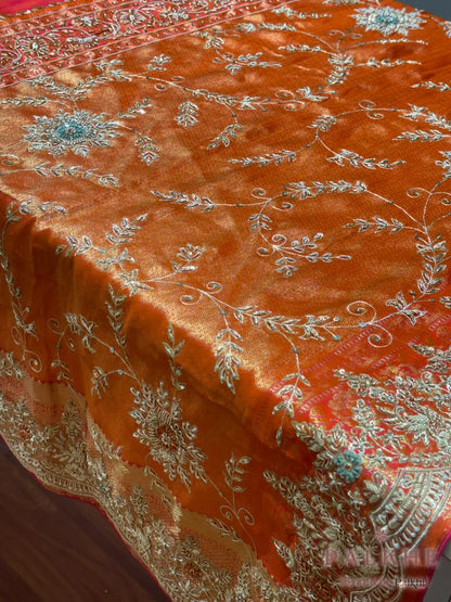 Rust Orange Traditional Motifs Kanjivaram x Hand Embroidery (CS79)