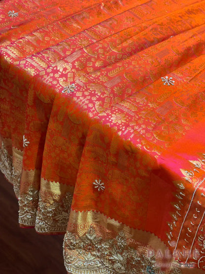 Rust Orange Traditional Motifs Kanjivaram x Hand Embroidery (CS79)