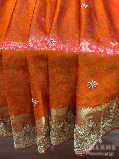 Rust Orange Traditional Motifs Kanjivaram x Hand Embroidery (CS79)