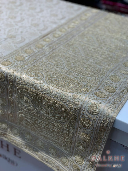 Beige Floral Jaal Semi Silk Kanjivaram x Hand Embroidery