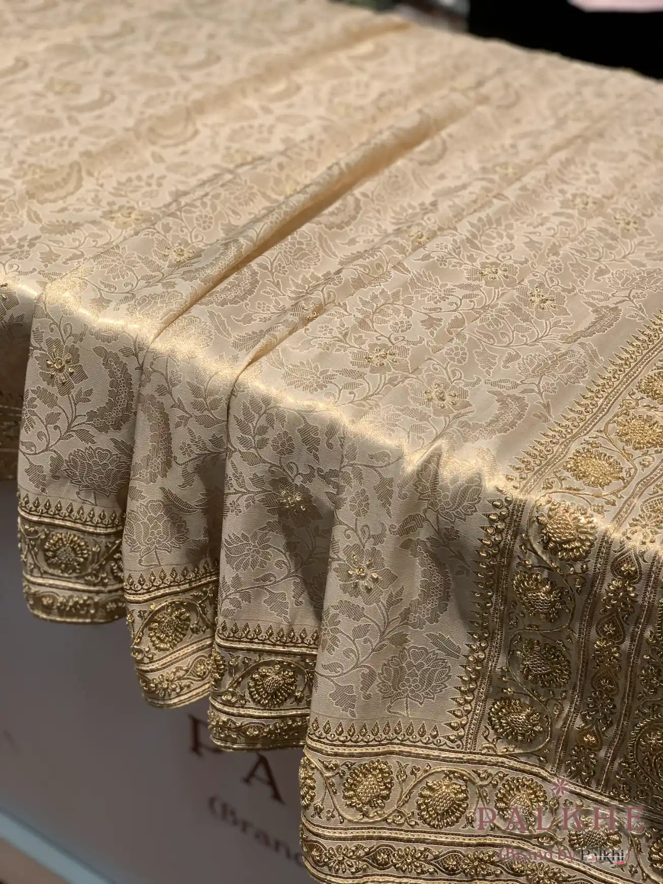 Beige Floral Jaal Semi Silk Kanjivaram x Hand Embroidery