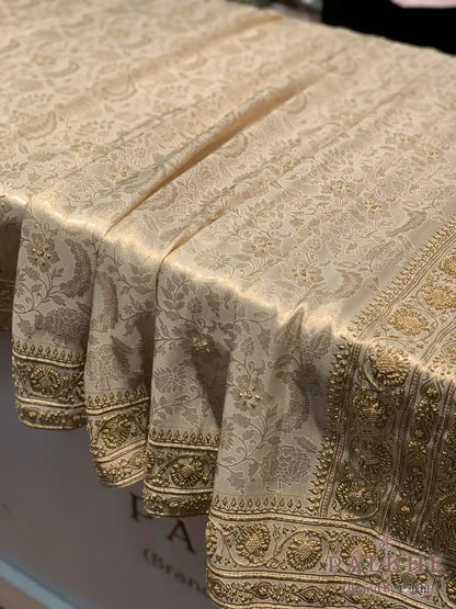 Beige Floral Jaal Semi Silk Kanjivaram x Hand Embroidery