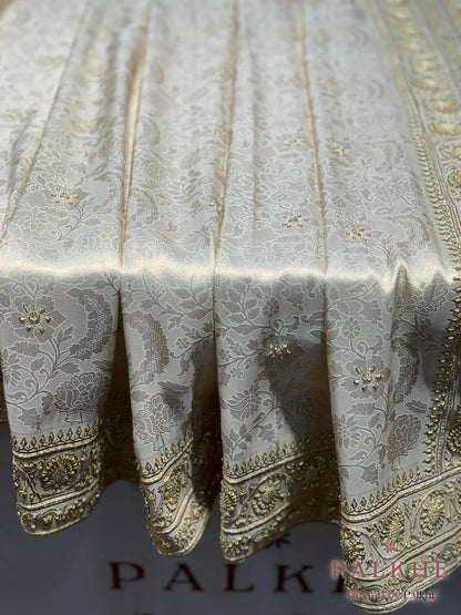 Beige Floral Jaal Semi Silk Kanjivaram x Hand Embroidery