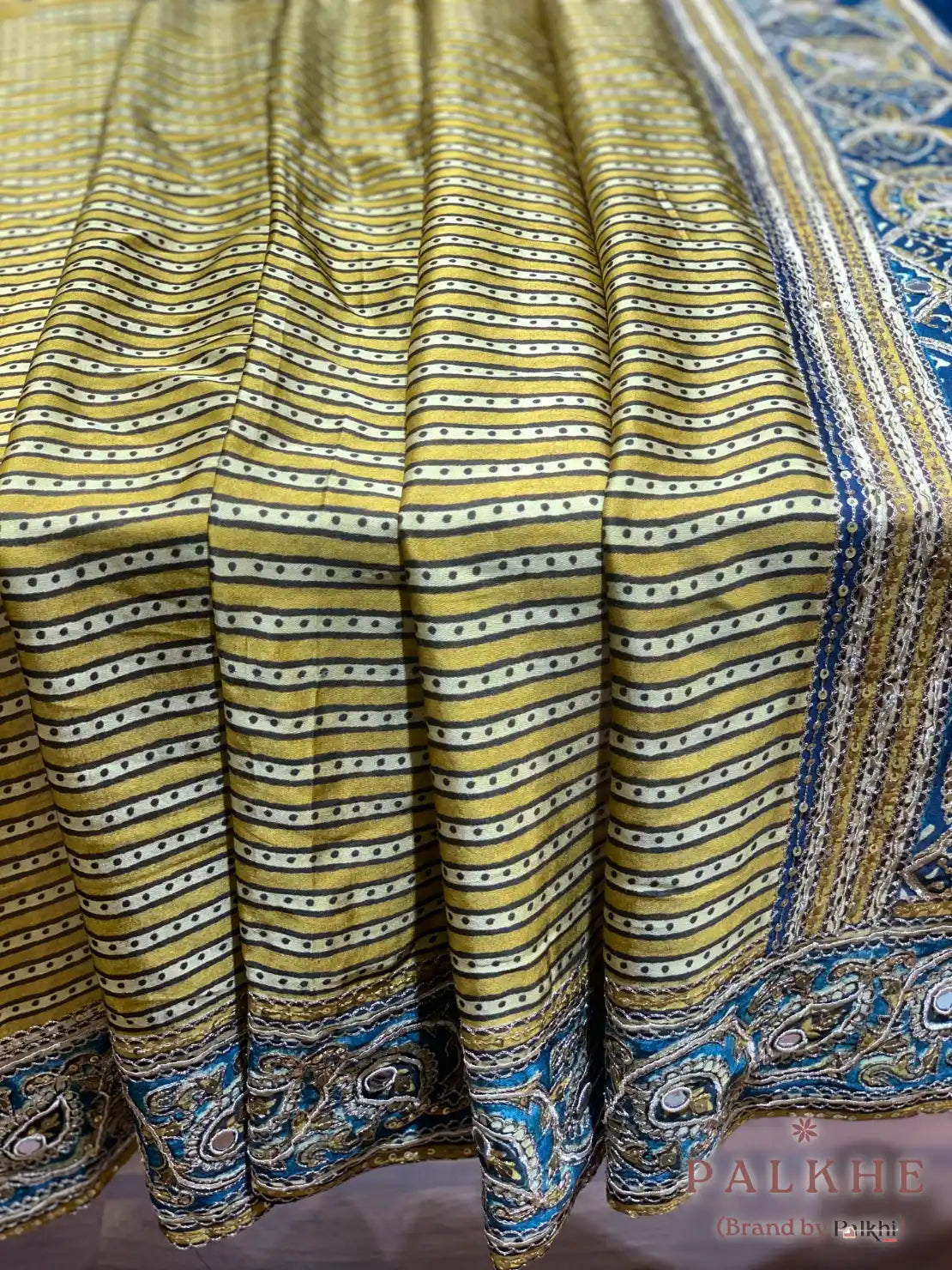 Mustured Yellow & Blue Satin Silk Fancy x Hand Embroidery