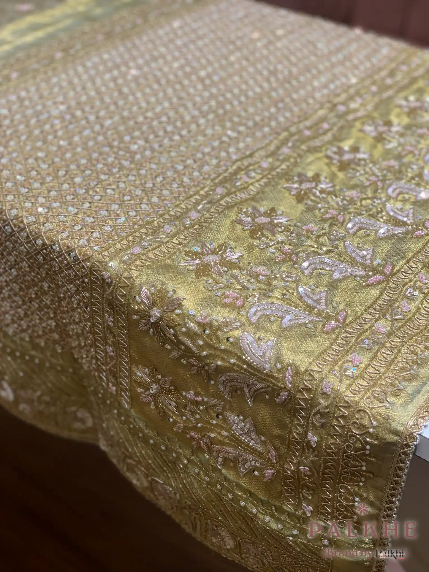Gold Pure Tissue Silk Kanjivaram x Hand Embroidery