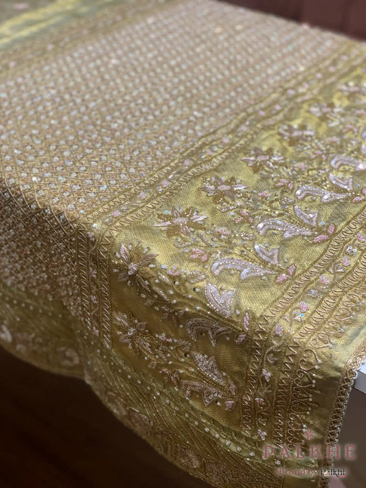 Gold Pure Tissue Silk Kanjivaram x Hand Embroidery