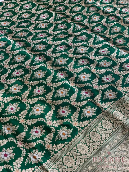 Dark Green Banarasi Meenakari Jaal in Pure Katan Silk