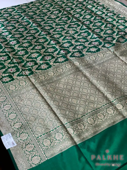 Dark Green Banarasi Meenakari Jaal in Pure Katan Silk