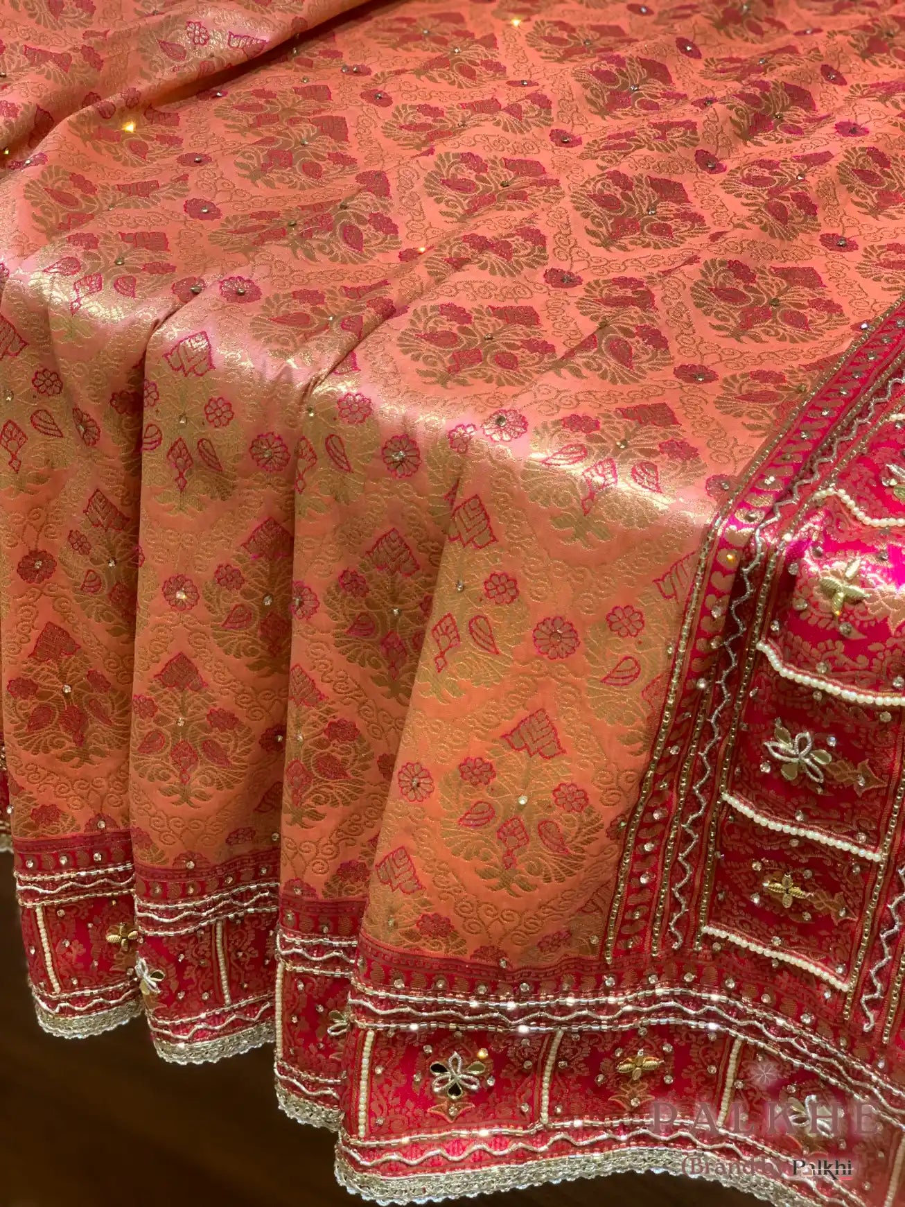 Peach Floral Jaal Semi Silk Kanjivaram x Hand Embroidery