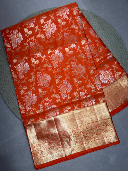 Rust Orange Floral Jaal in Pure Kanjivaram Silk
