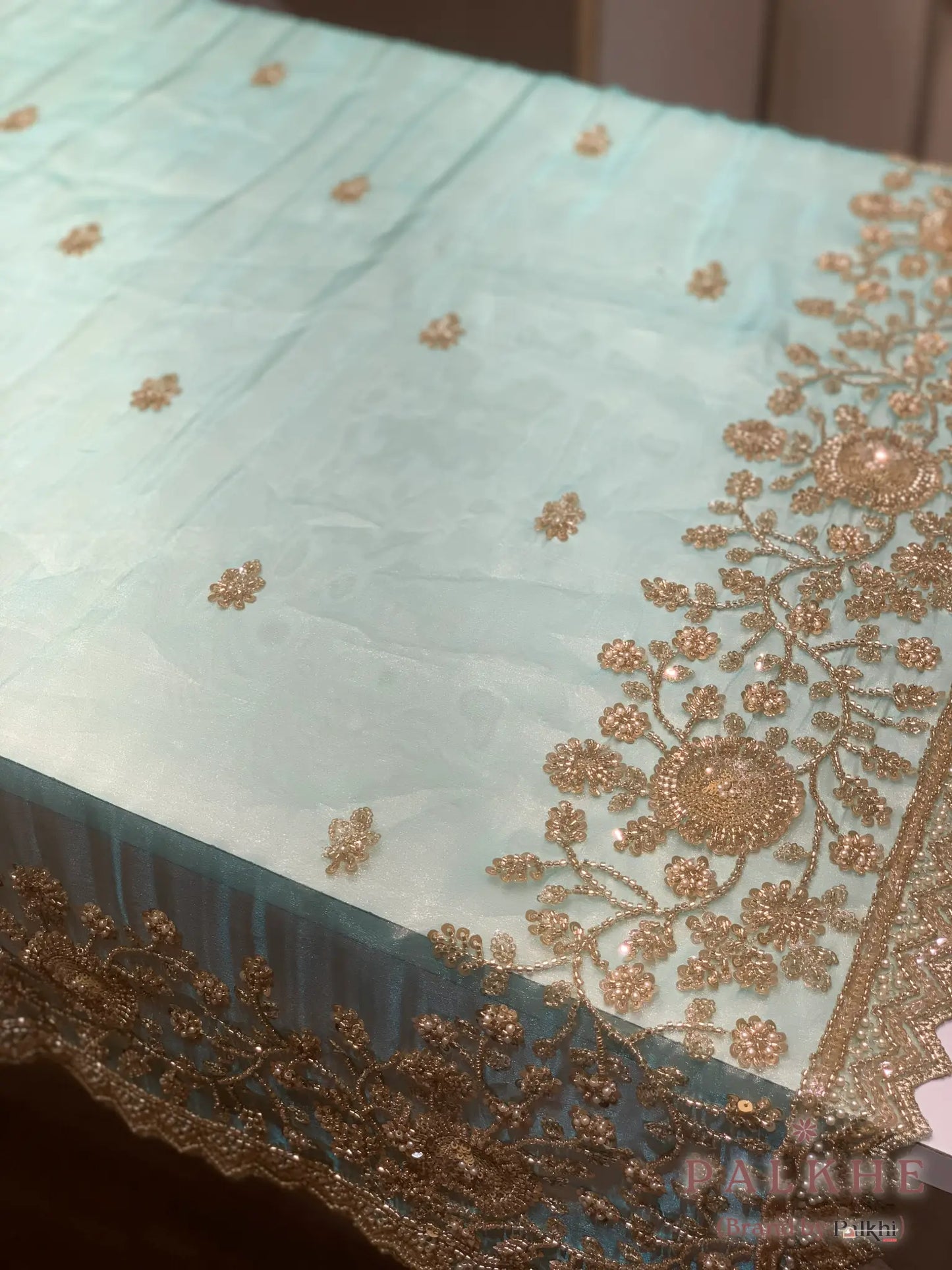 Turquoise Blue Buttis Tissue Silk x Hand Embroidery