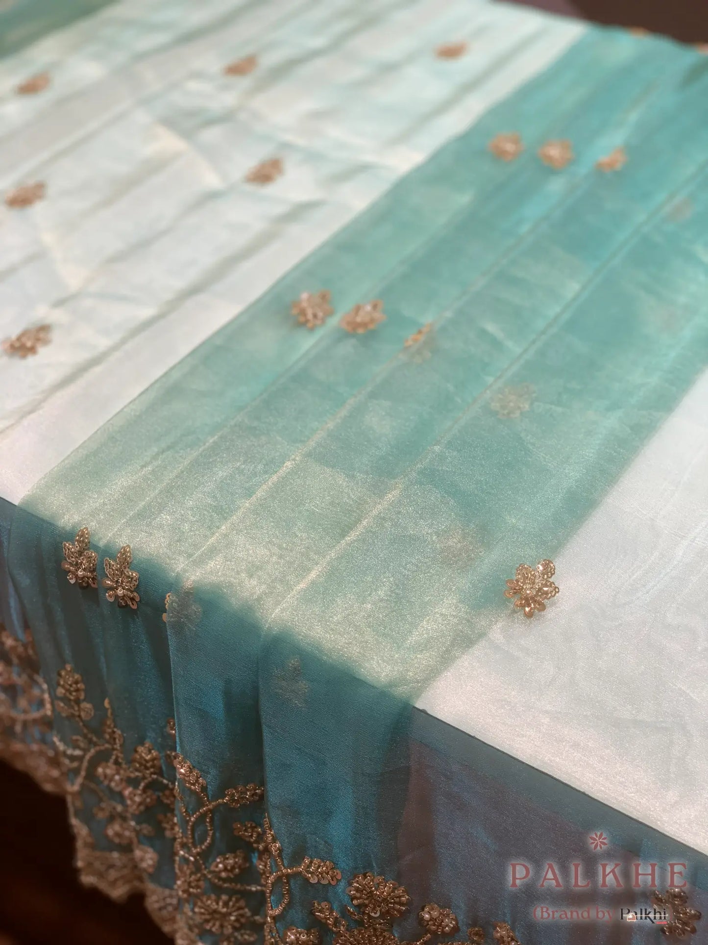 Turquoise Blue Buttis Tissue Silk x Hand Embroidery
