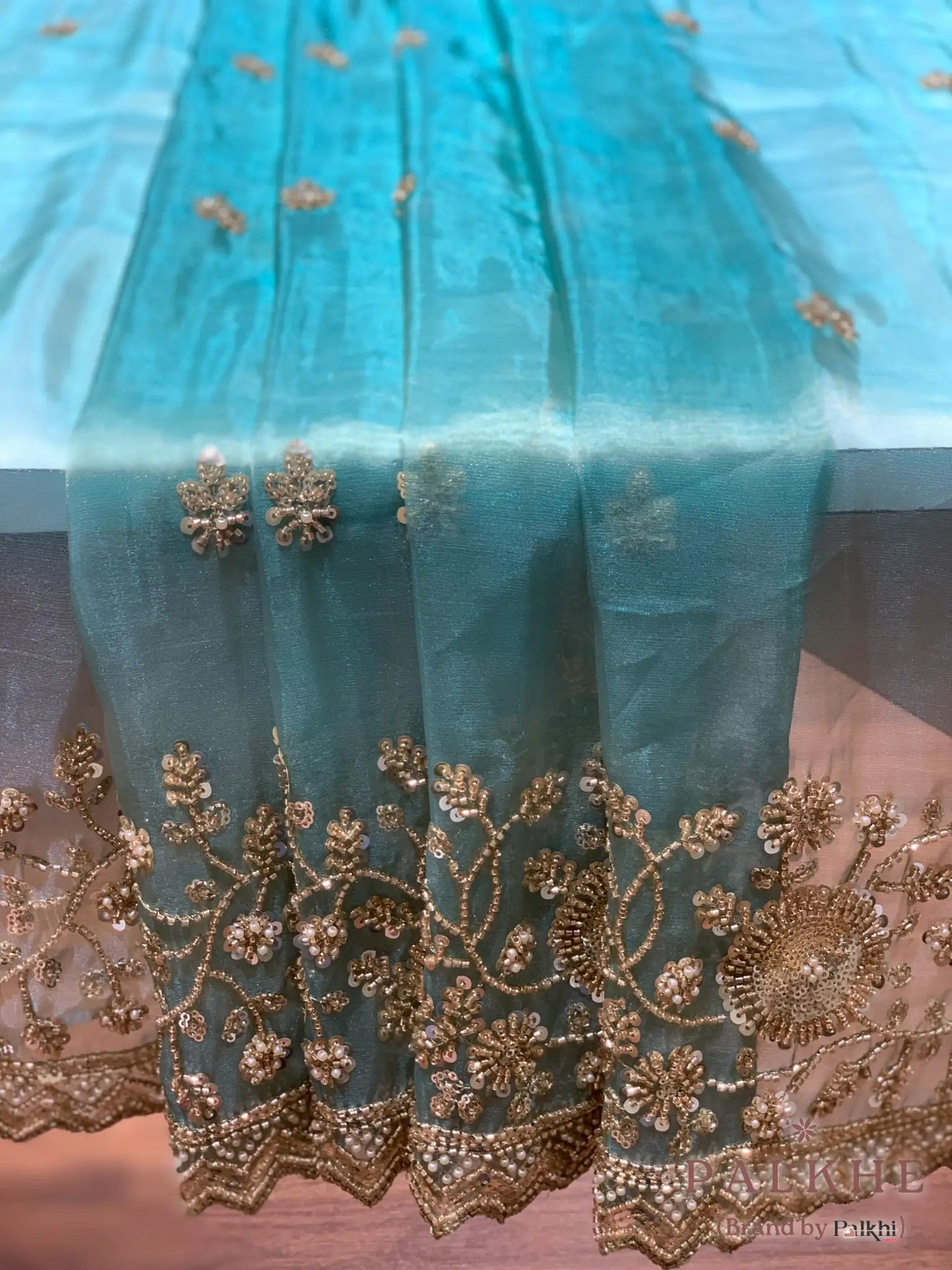 Turquoise Blue Buttis Tissue Silk x Hand Embroidery