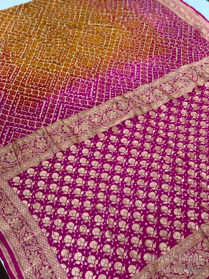 Yellow & Pink Bandhej in Pure Georgette